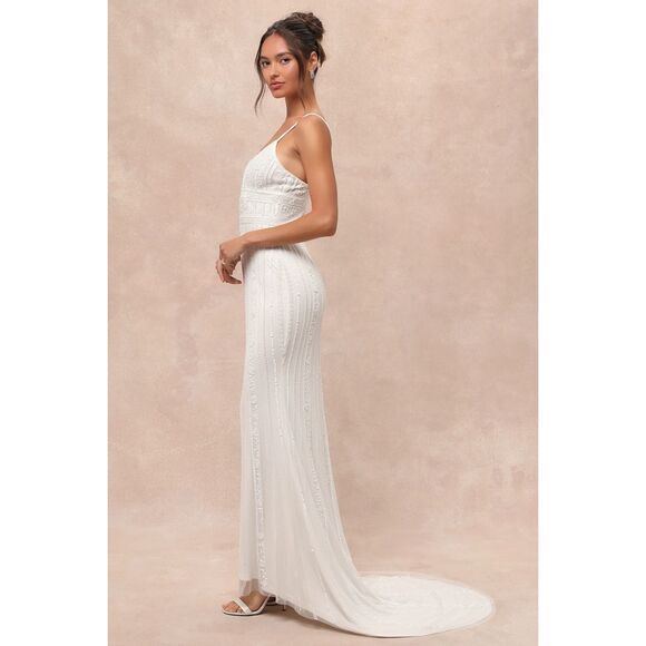Lulus Stunning Vow White Beaded Sequin Maxi Dress Size L NWT - Picture 3 of 16